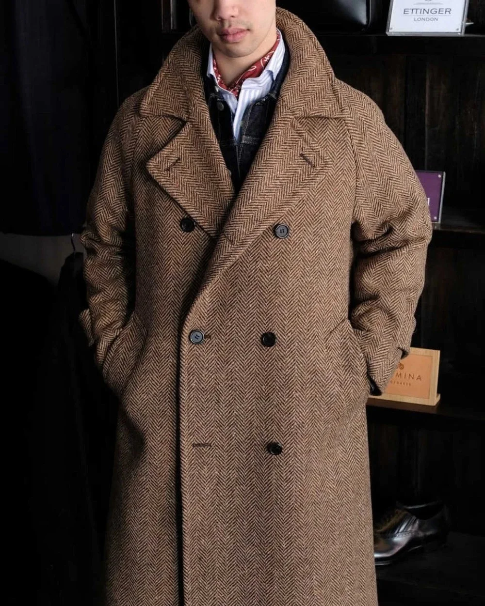 

Vintage Herringbone Blazers Men's Long Jacket Autumn Winter Men's Tweed Windproof Warm Coat Tailored Customized OverCoat