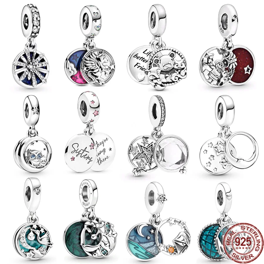 NEW 925 Sterling Silver Camping Night Sky Double & Forever Sisters Dangle Charm Beads Fit Original Pandora Bracelet Jewelry Gift