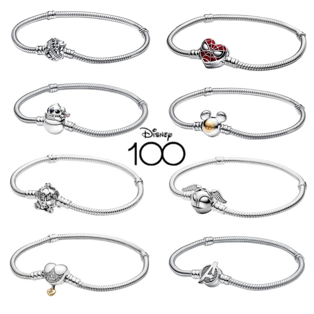 

Disney 100th 925 Silver Mickey Charms Bracelet, Fit Original Stitch Beads Snake Chain DIY Minnie Bracelet Jewelry Gift For Women