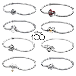 Disney-Mickey Encantos Pulseira para Mulheres, 100% Prata 925, Fits Contas Ponto Original, Corrente Cobra, Minnie Bracelet DIY, Presente Da Jóia