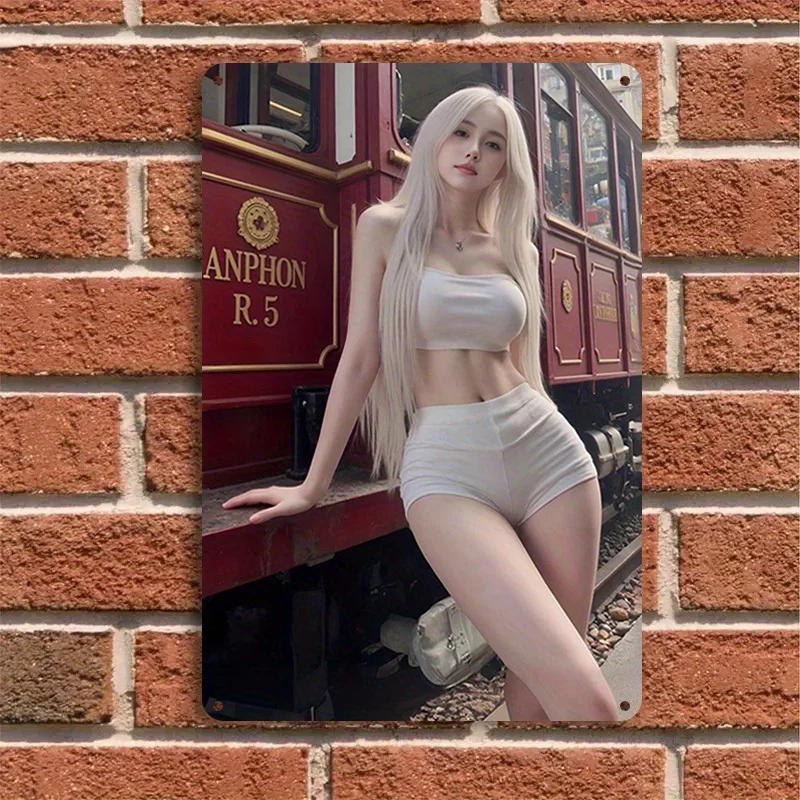 HD Metal Tin Sign, Stunning Blonde in White Tube Top & Shorts Vintage Metal Poster, Urban Aesthetic Wall Art Decor for Home Bar