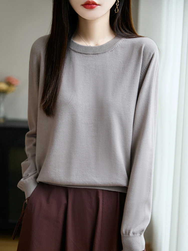 

Базовый трикотажный свитер из чистого хлопка с длинными рукавами для женщин, повседневный свободный универсальный топ с круглым вырезом, осень-зима, новинка