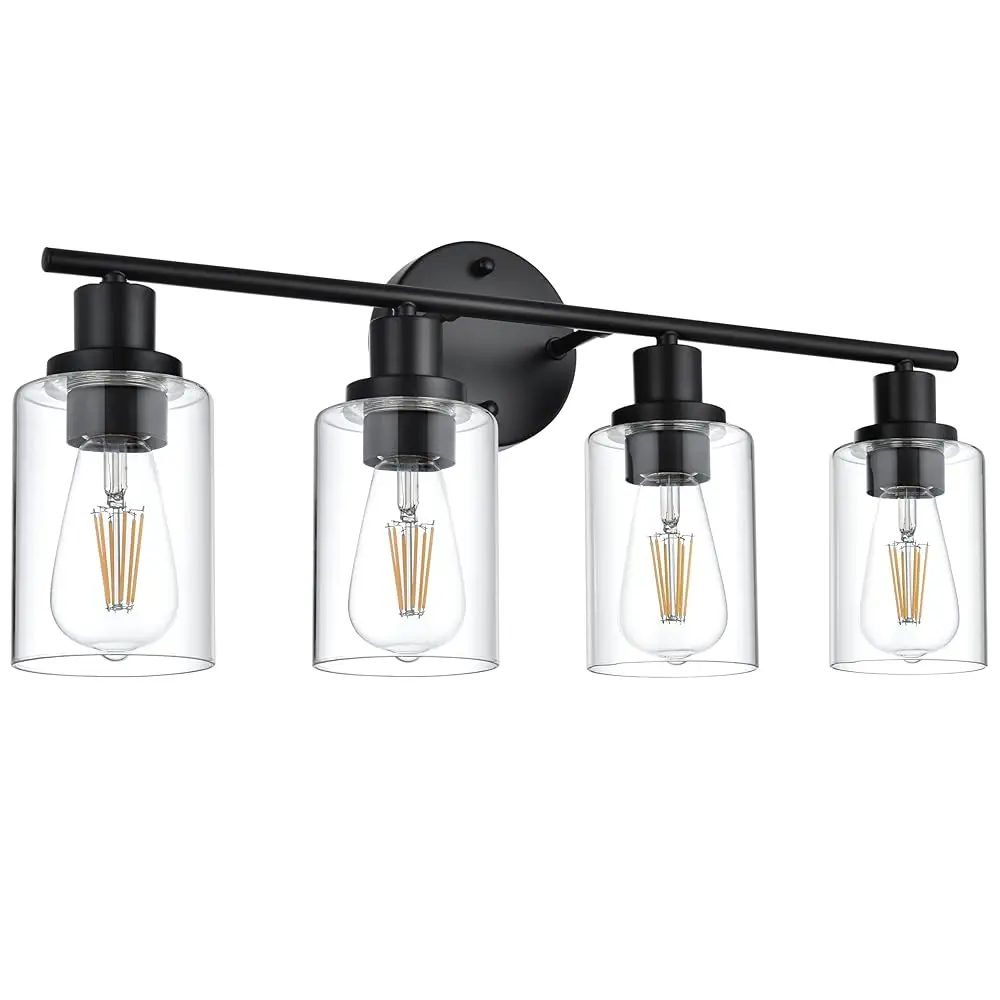 

Matte Bla Bathroom Light Fixtures, 4-Light Modern Vanity Light Over Mirror, Wall Sconces With Clear Glass For Bathroom Kitchen