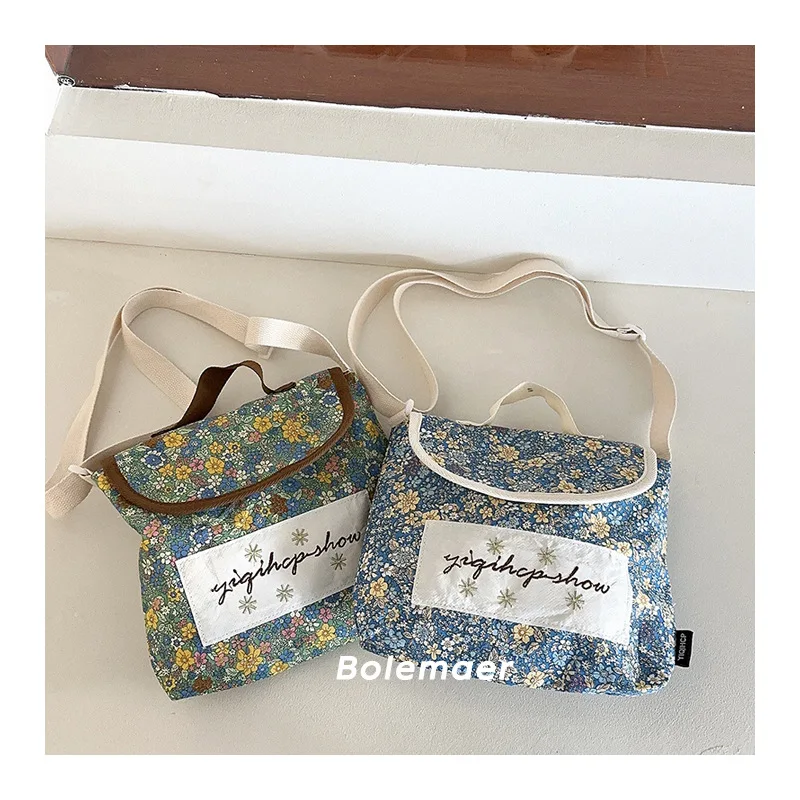 2024 Korea Floral Kids Bag WithBig Label Embroidered Floral Letter Kids Bag for Girls School Bags Girls Shoulder Bag