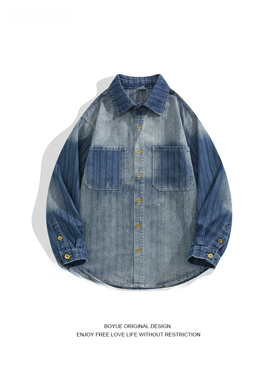 

Мужская джинсовая куртка Boyue в японском стиле, повседневная, большого размера, уличная одежда, свободный крой, с длинными рукавами, отложным воротником