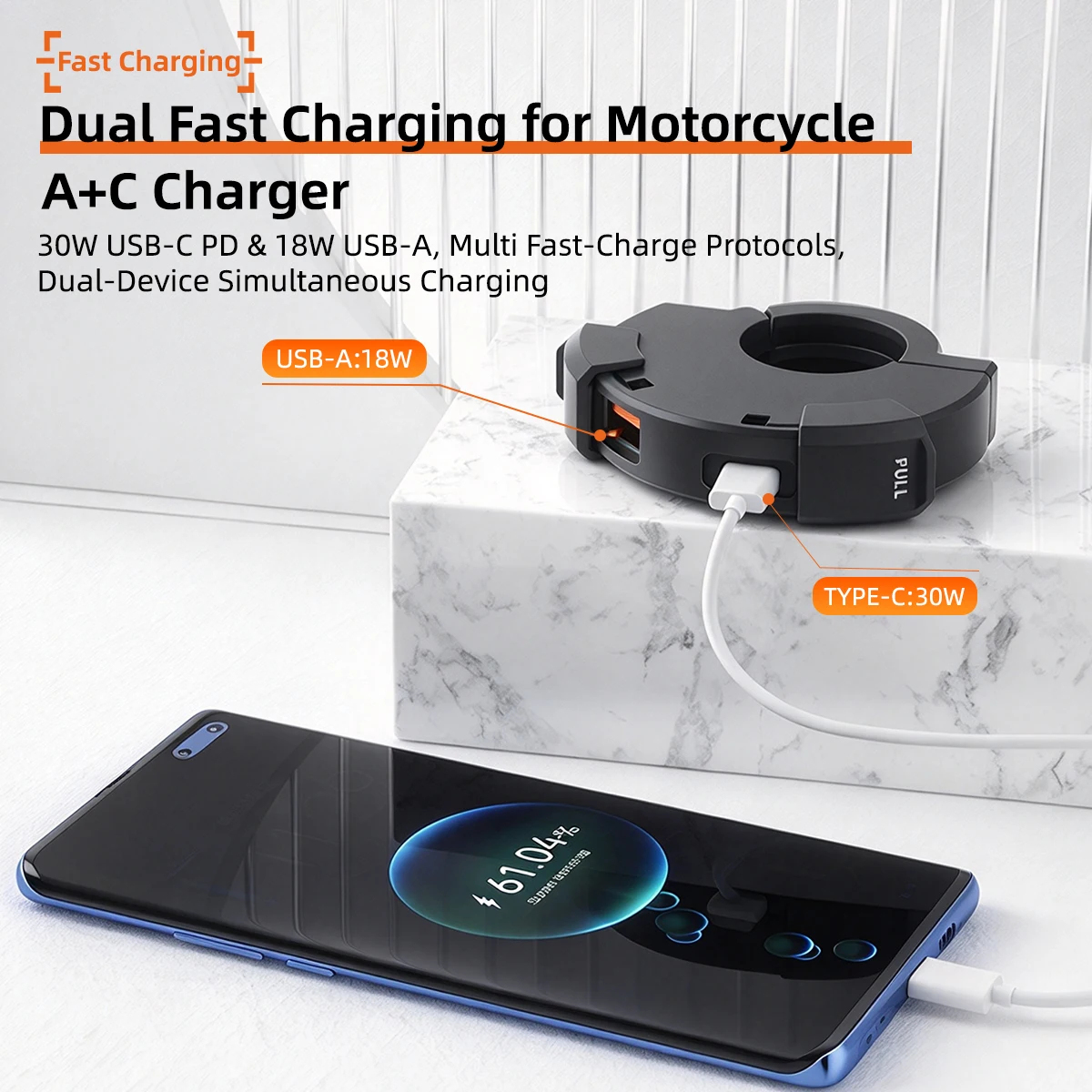 48W Motorcycle Phone Charger QC3.0 Dual USB Type-C Fast Charger Waterproof 12-24V Handlebar Mount Power Adapter for Moto 3