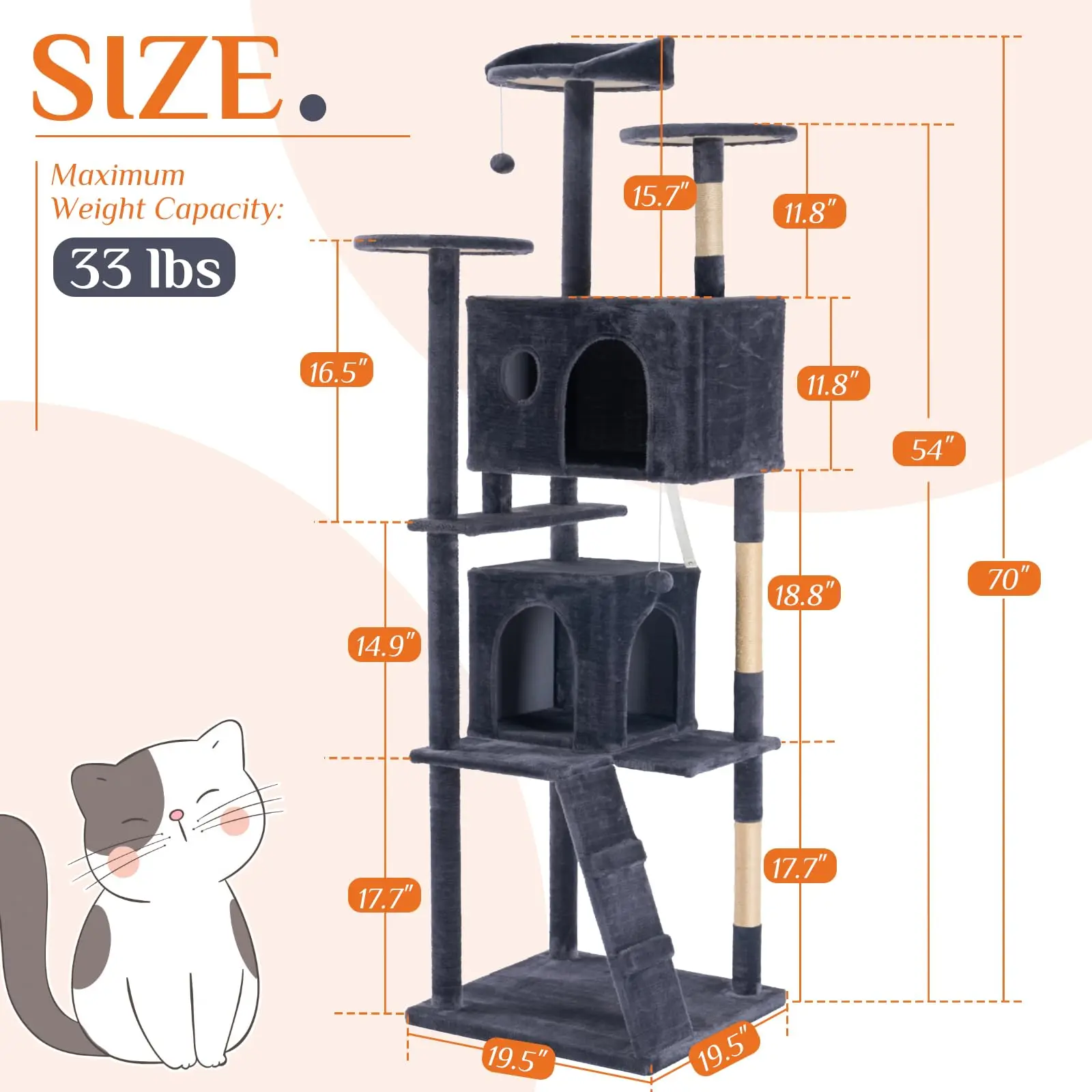 70 inch Cat Tree Tower Large Multi Level Cat Climbing Tower with Condo Natural Sisal Scratching Posts Pet House for Indoor