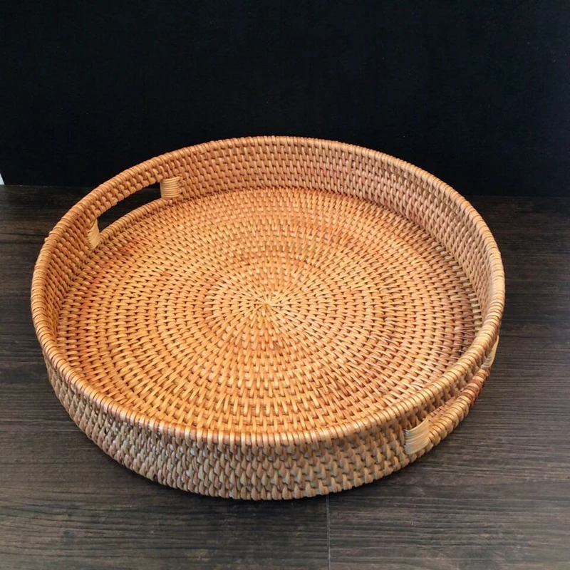 

Round Rattan Serving Tray, Hand Woven Basket with Cut - Out Handles, Wicker Fruit and Bread Serving Basket