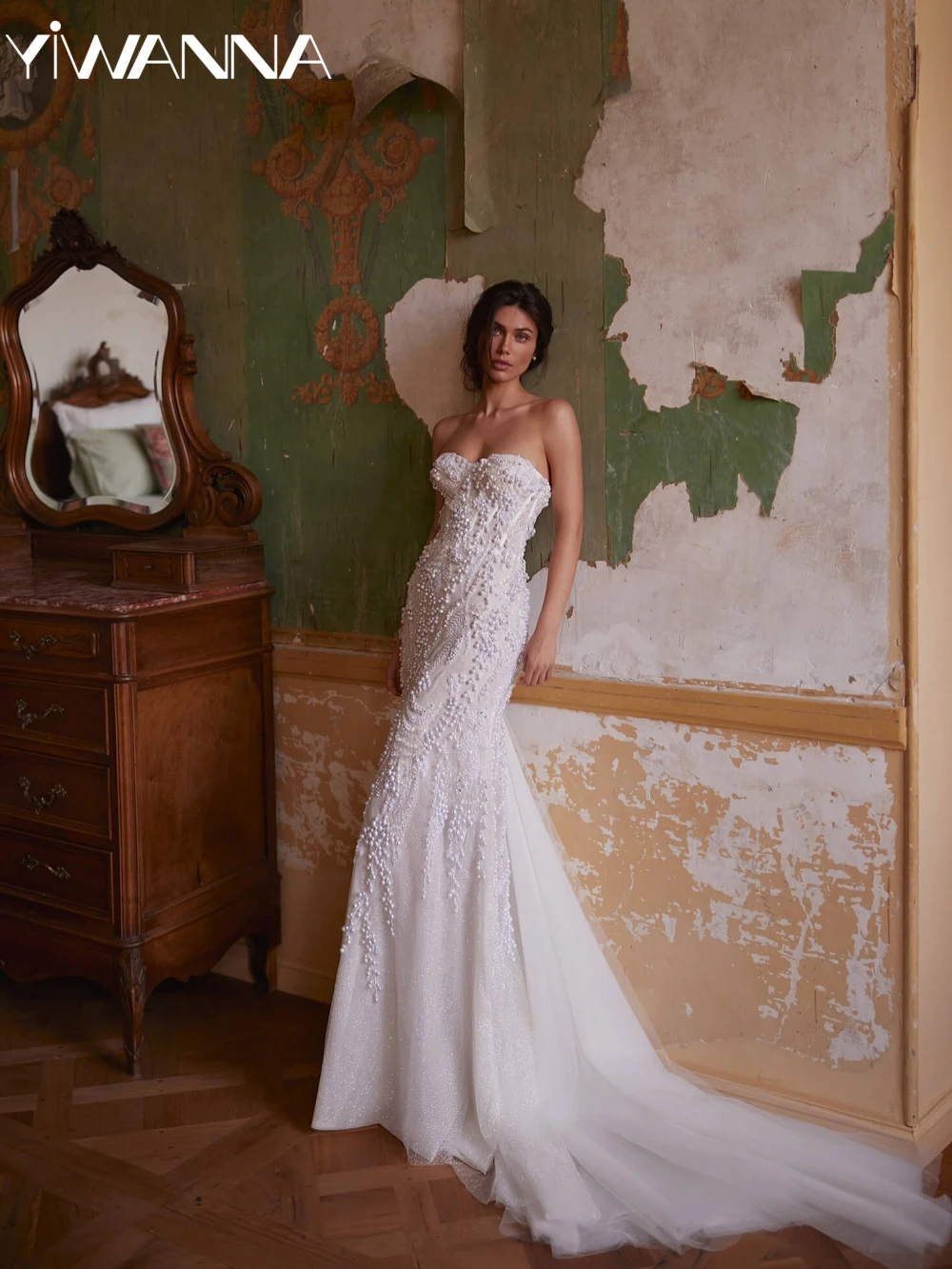 

Luxurious Beaded Pearls Wedding Dress Romantic Sweetheart Neck Bridal Gown Customized Sparkly Mermaid Long Dresses For Bride