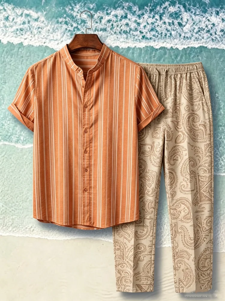 

Men Vertical Striped Stand Collar Short Sleeve Shirt Paisley Print Drawstring Long Pants Casual Two Piece Outfit Set