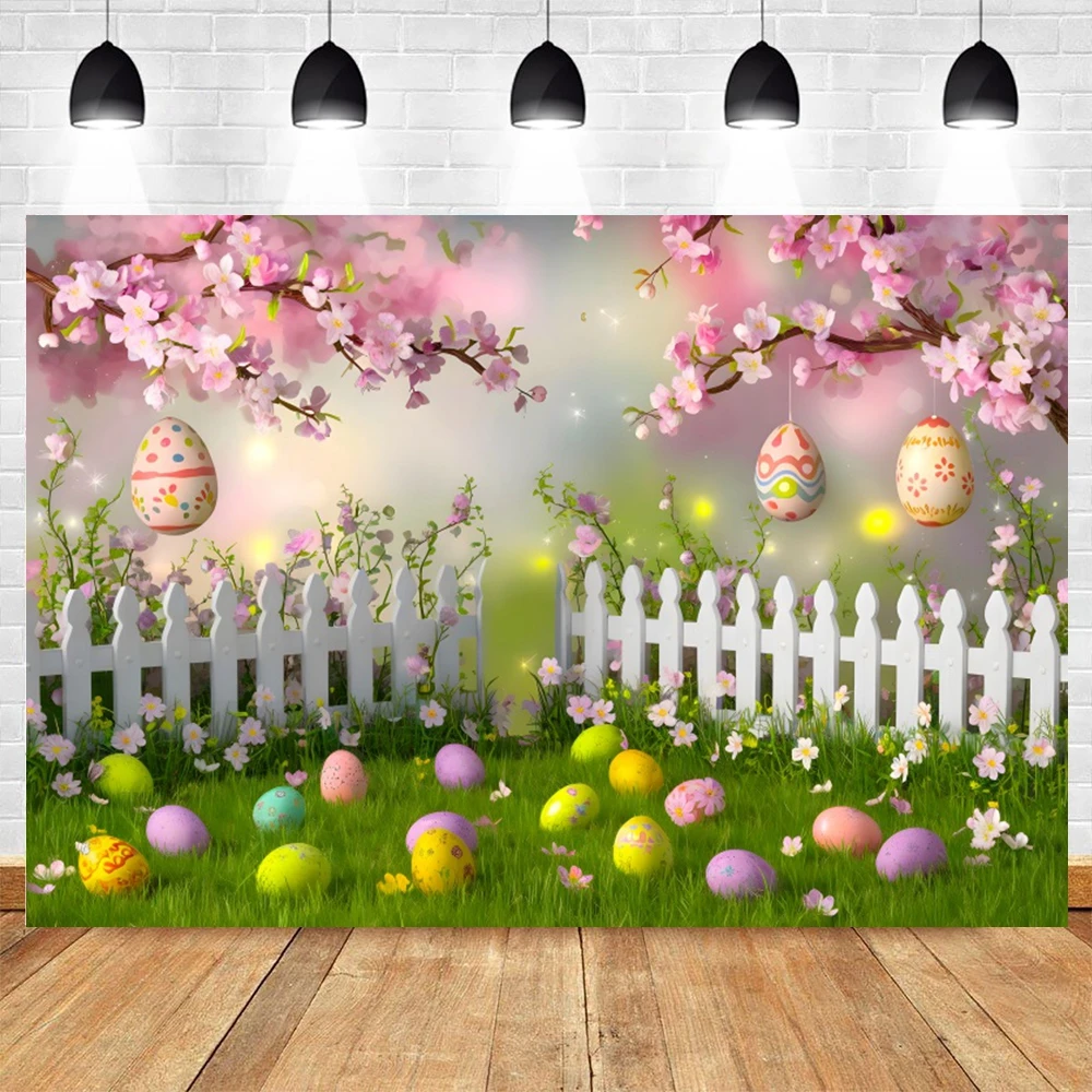 Spring Easter Garden Backdrop Flower Tree Bunny Eggs Fence Grass Baby Kids Birthday Party Photography Background Decor Banner