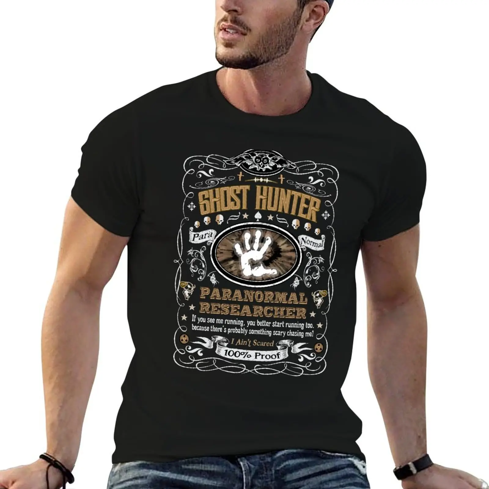Camiseta con estampado de Ghost Hunter Paranormal Researcher If You See Me Run Ghost Hunting Whiskey Label, camisetas gráficas para hombre