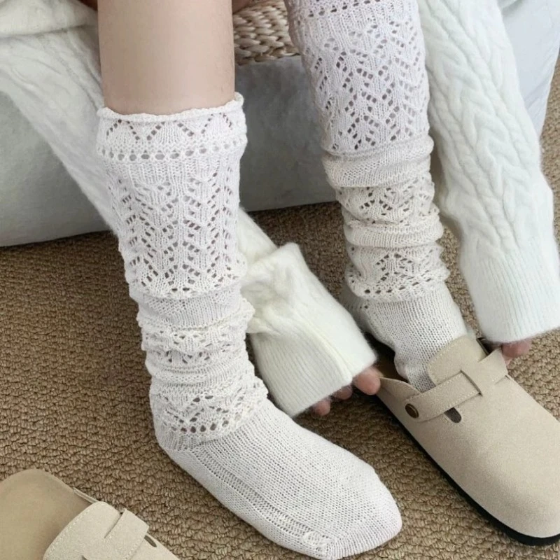 

Теплые вязаные полые носки с тиснением до середины икры, термозимние носки с нечеткий подкладкой для женщин, дышащие модные чулочно-носочные изделия длиной до середины икры