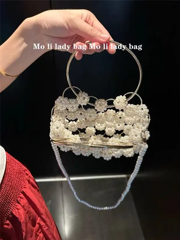 

Pearl Beaded Hollow Out Handmade Bucket Bag Women Handbag Fashion Beads Beading Evening Bag Lady Purse Shoulder Crossbody Bag