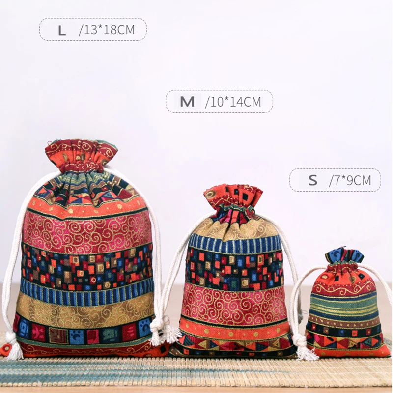 10pcs Ethnic Style Jewelry Bags Drawstring Pouch Candy Snack Gift Bag Retro Bracelet Jewelry Packaging Storage Bags