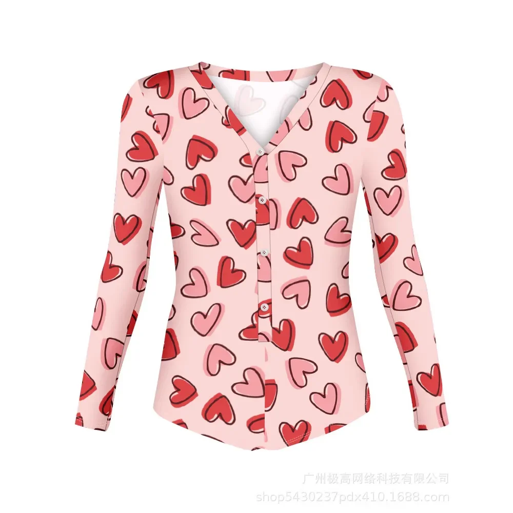 Valentine's Day Heart Pattern Button Front Long Sleeve Rompers Onesie Women Spring Summer Pajamas