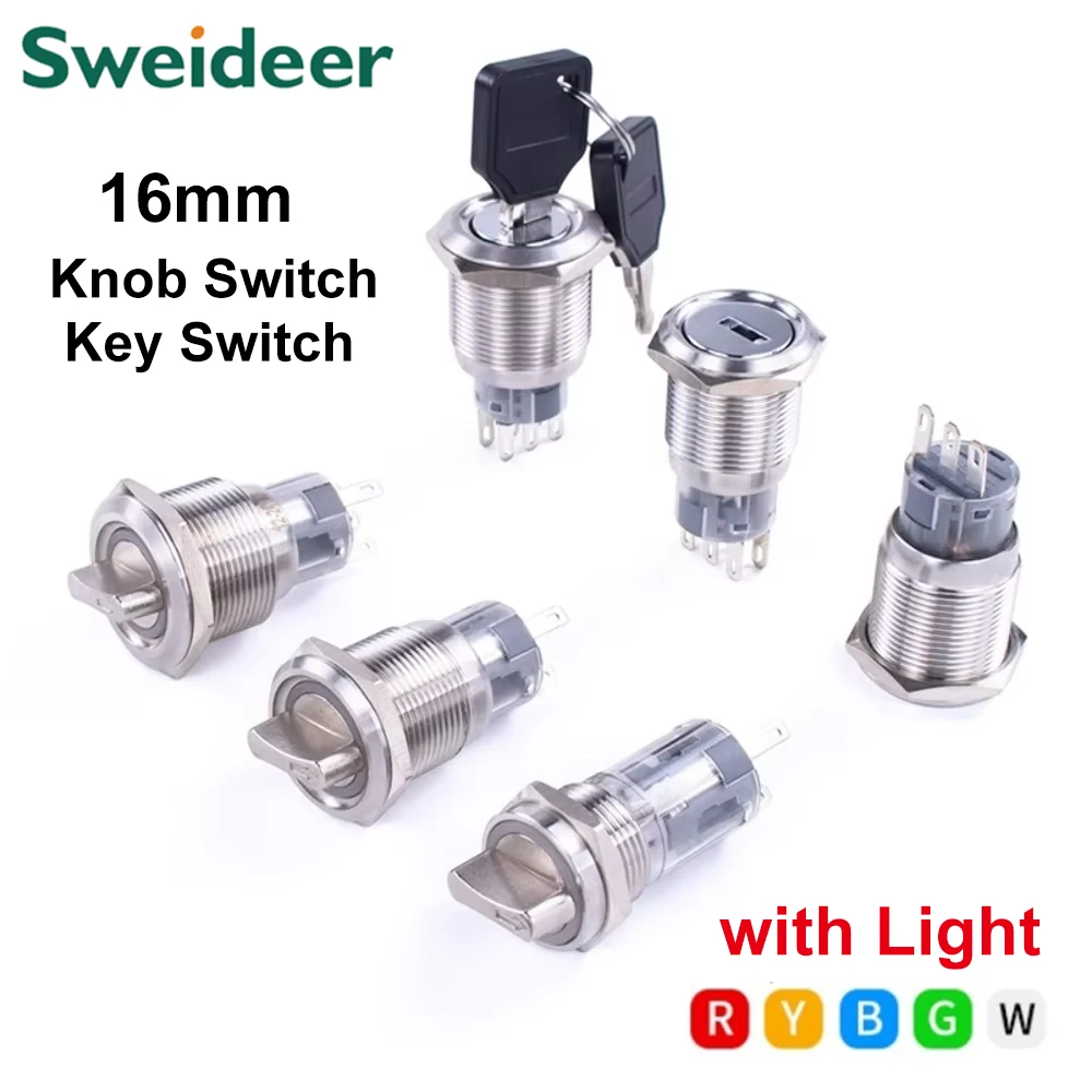 16mm Knob Switch with LED 2/3 Position Self Locking Momentary 1NO1NC 2NO2NC Select Rotary Key Switch with Light 3-6V 12-24V 220V