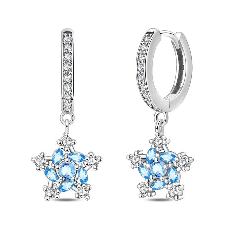 

Original 925 Sterling Silver Blue Pentagram Hoop Earrings Sparkling Zircon Earrings For Women Fine Party Jewelry