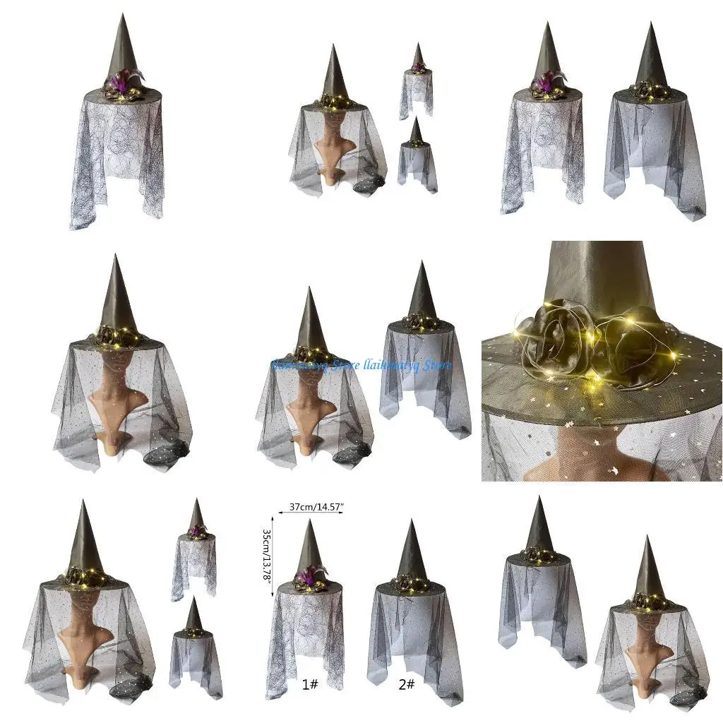 

573B Light-up Witch Hats with Rose and Tulle Veil Party Wide Brim Hat Accessory Tulle Witch Hat with Cobweb Halloween Party