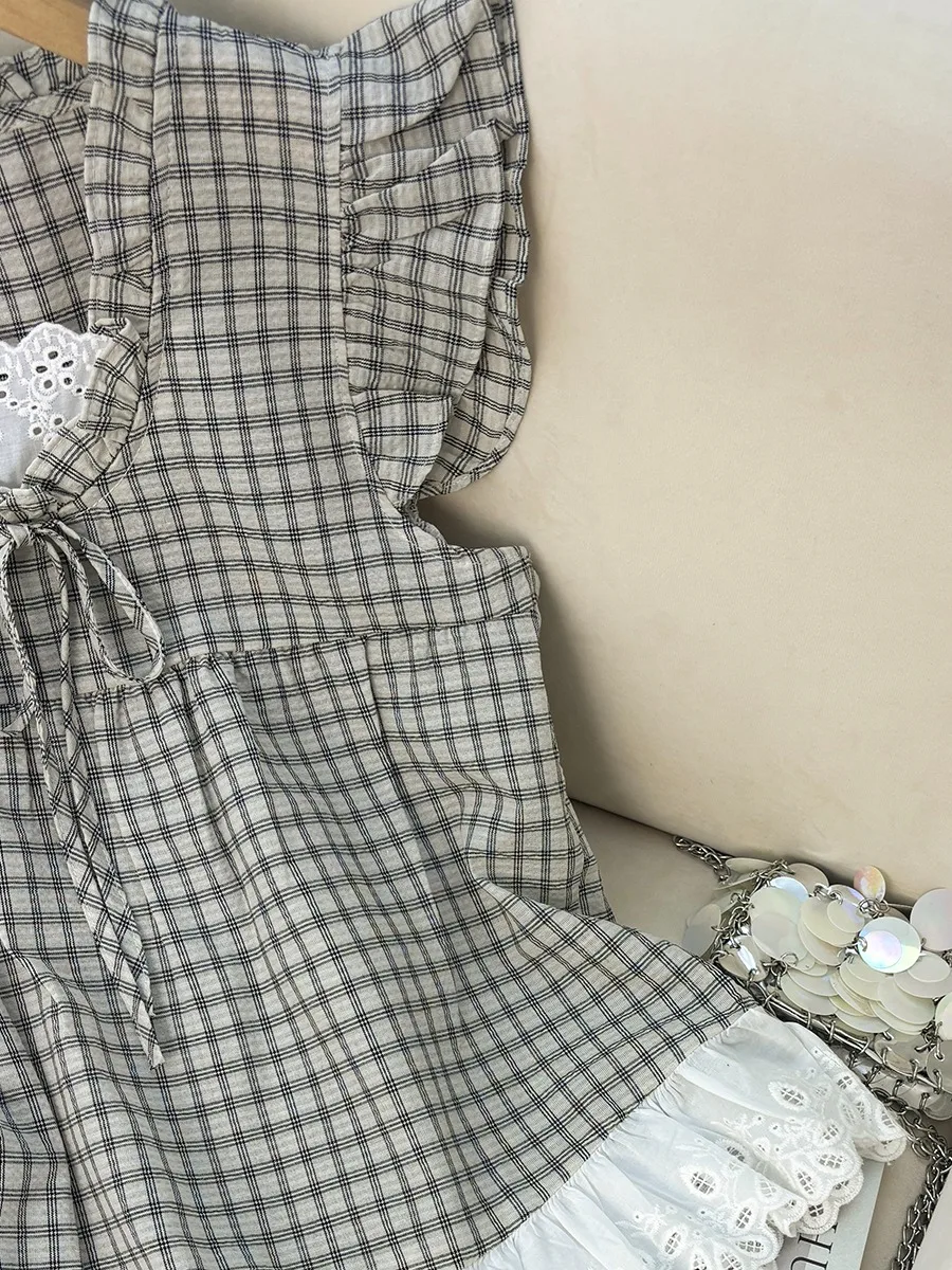 

Retro Korean Plaid irt with Wood ain Ruffle Fake Two-Piece Svel Doll Top Loose Women's Summer Clothing