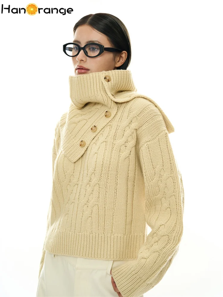 

HanOrange 2024 Early Spring Fashion Twisted Wool Scarf Sweater Women Two-piece Set Thick Warm Pullover Top Apricot/Light Gray