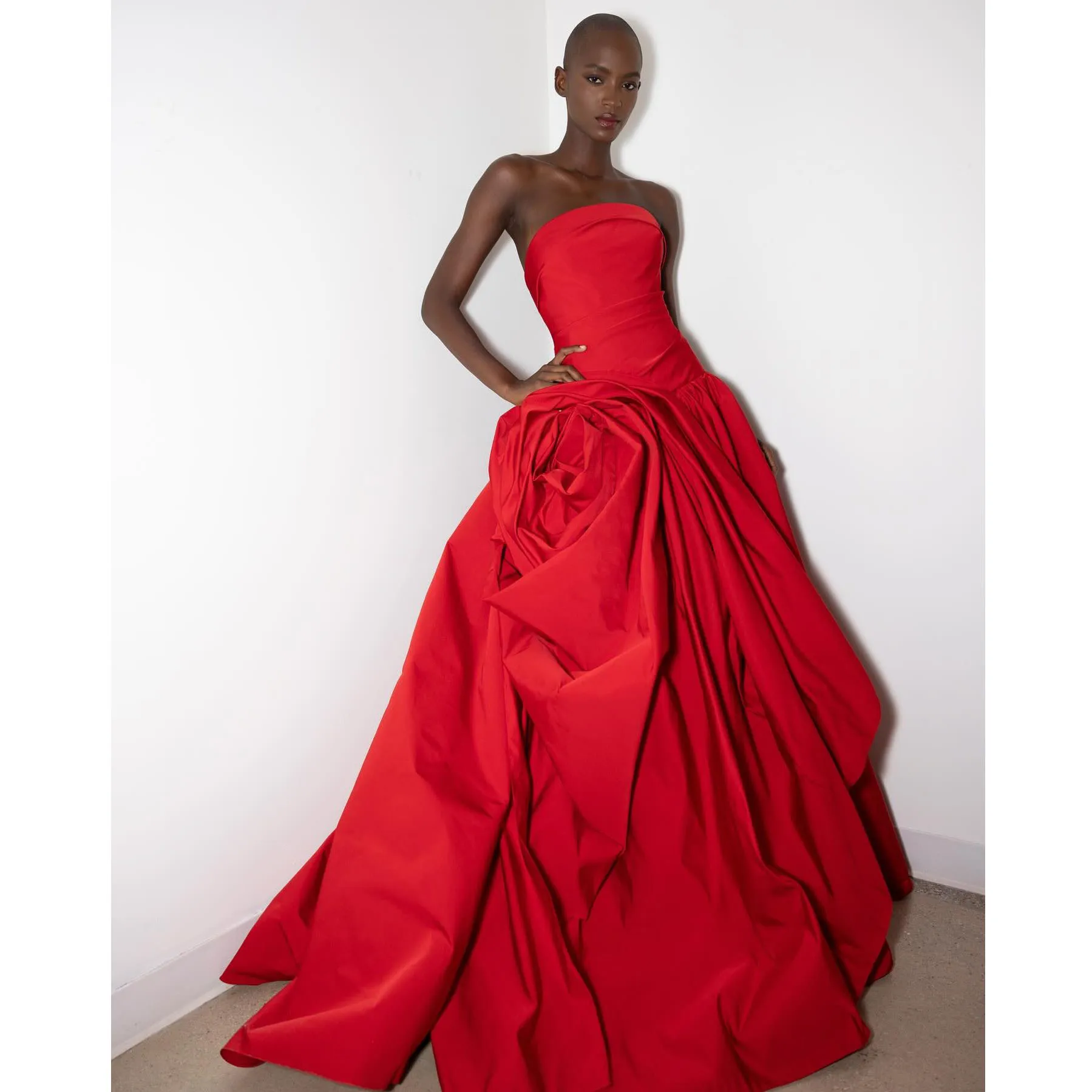 New Trendy Red Split Floral Long Maxi Gowns To Event Party Strapless 3D Handmade Flower A-line Formal Evening Dresses