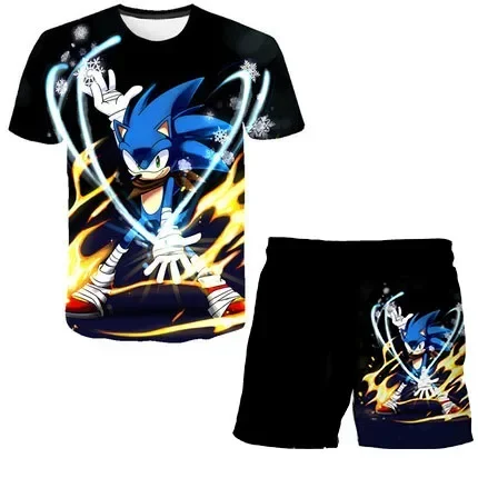 Conjunto de t-shirt e shorts Sonic infantil, crianças, meninos, anime, verão, novo, roupas, 2 peças