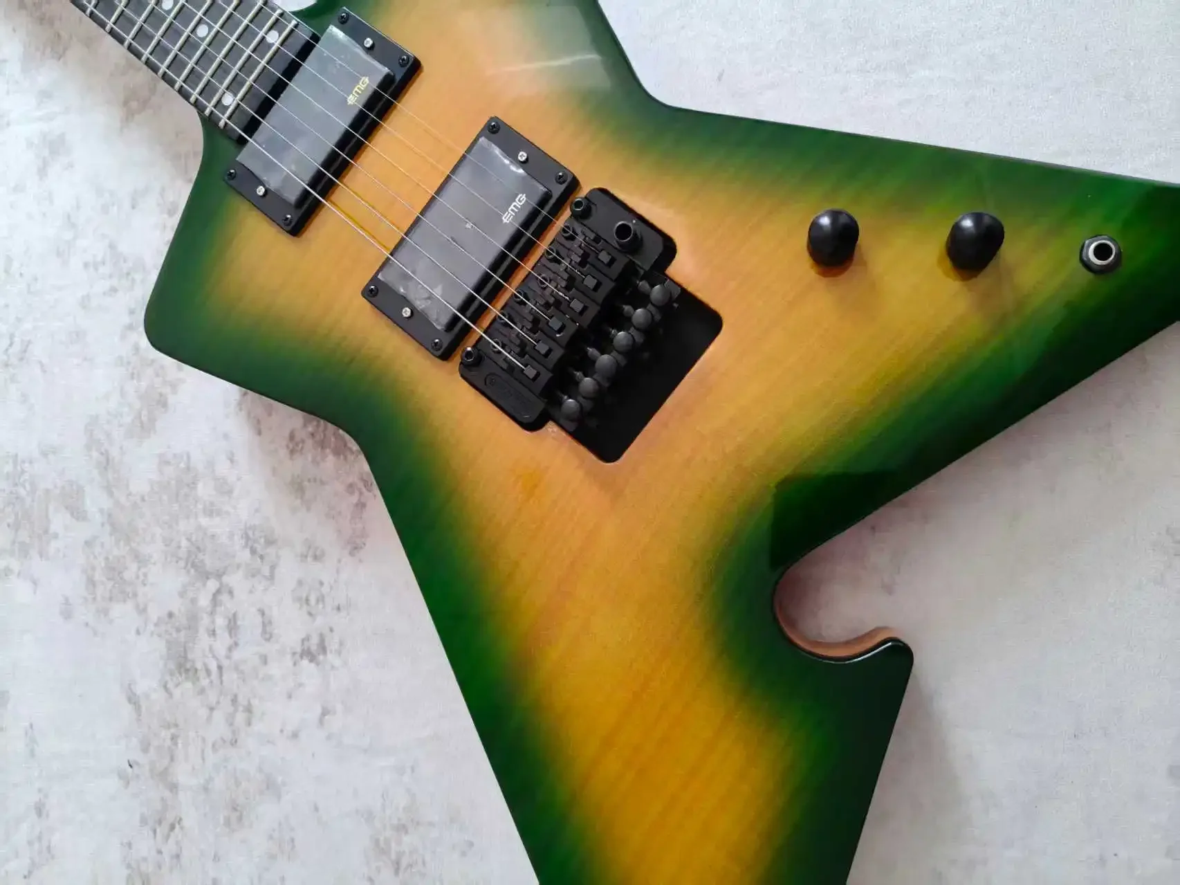Custom Green Ring Yellow Tiger Flame Irregular Pattern Electric Guitar, Chrome Hardware, Floyd Rose Tremolo