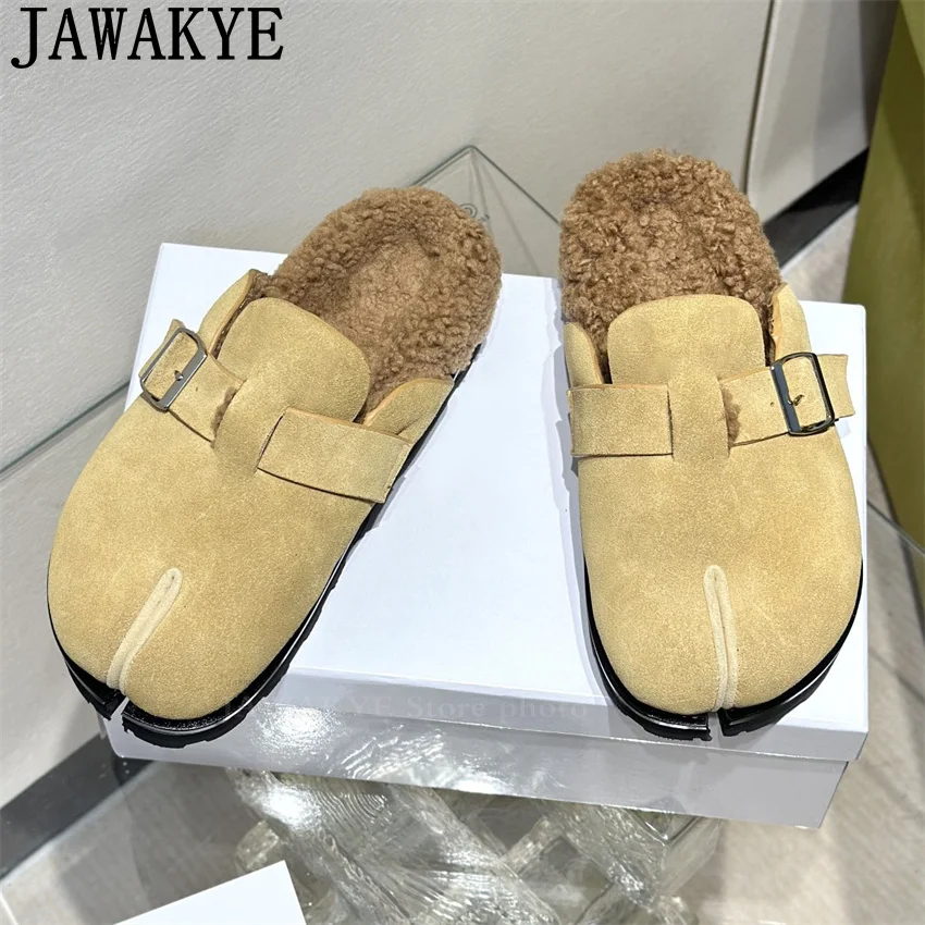 Pantofole in pelliccia con punta tonda divisa donna 2025 inverno caldo moda casual ciabatte pantofole donna mocassini in lana scarpe zapatos mujer