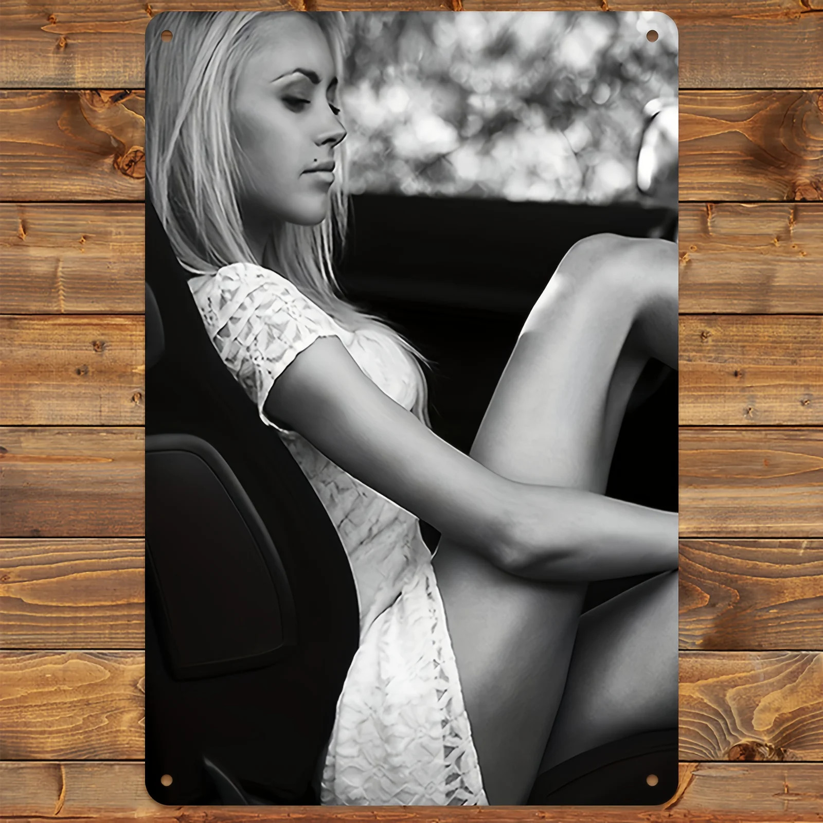 Vintage-Auto-Kunstposter für Frauen – 8x12 Zoll Aluminium-Metallschild, klassische Schwarz-Weiß-Fotografie, Wanddekoration für Zuhause, Büro, Garage