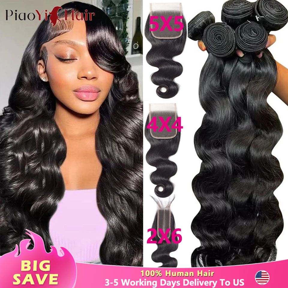 Paquete de cabello humano Body Wave con cierre 4x4/5x5, 100% crudo, tejido, con raya al medio 2x6 y encaje