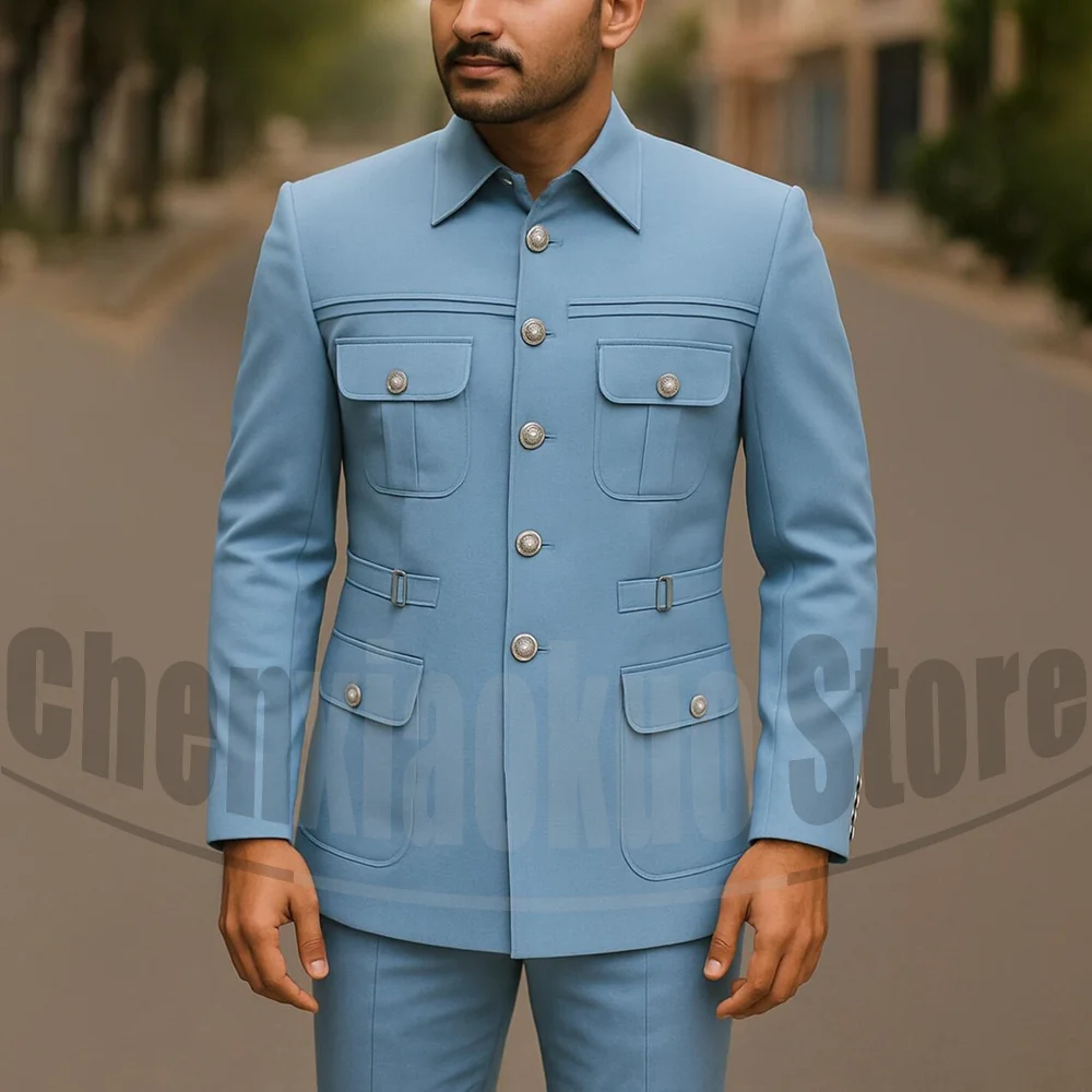 Fashion Men's Suit 2 Piece Multiple Pockets Single Breasted Outfits for Business Casual Slim Party Wedding Tuxedo Male Suit