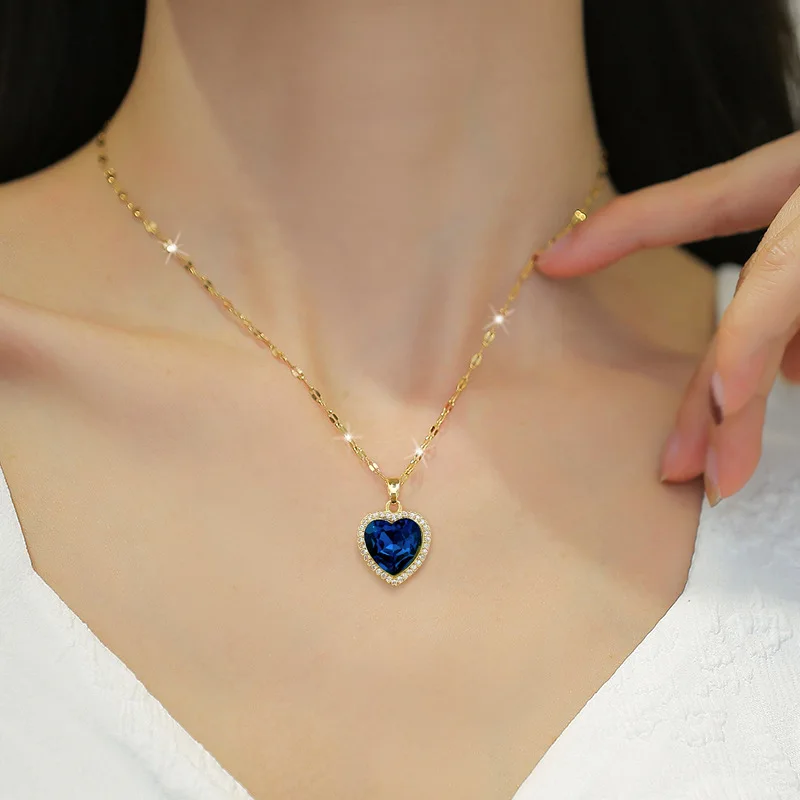 DIEYURO 316L Stainless Steel Heart Big Blue Zircon Pendant Necklace For Women Girl Fashion Clavicle Chain Jewelry Birthday Gift