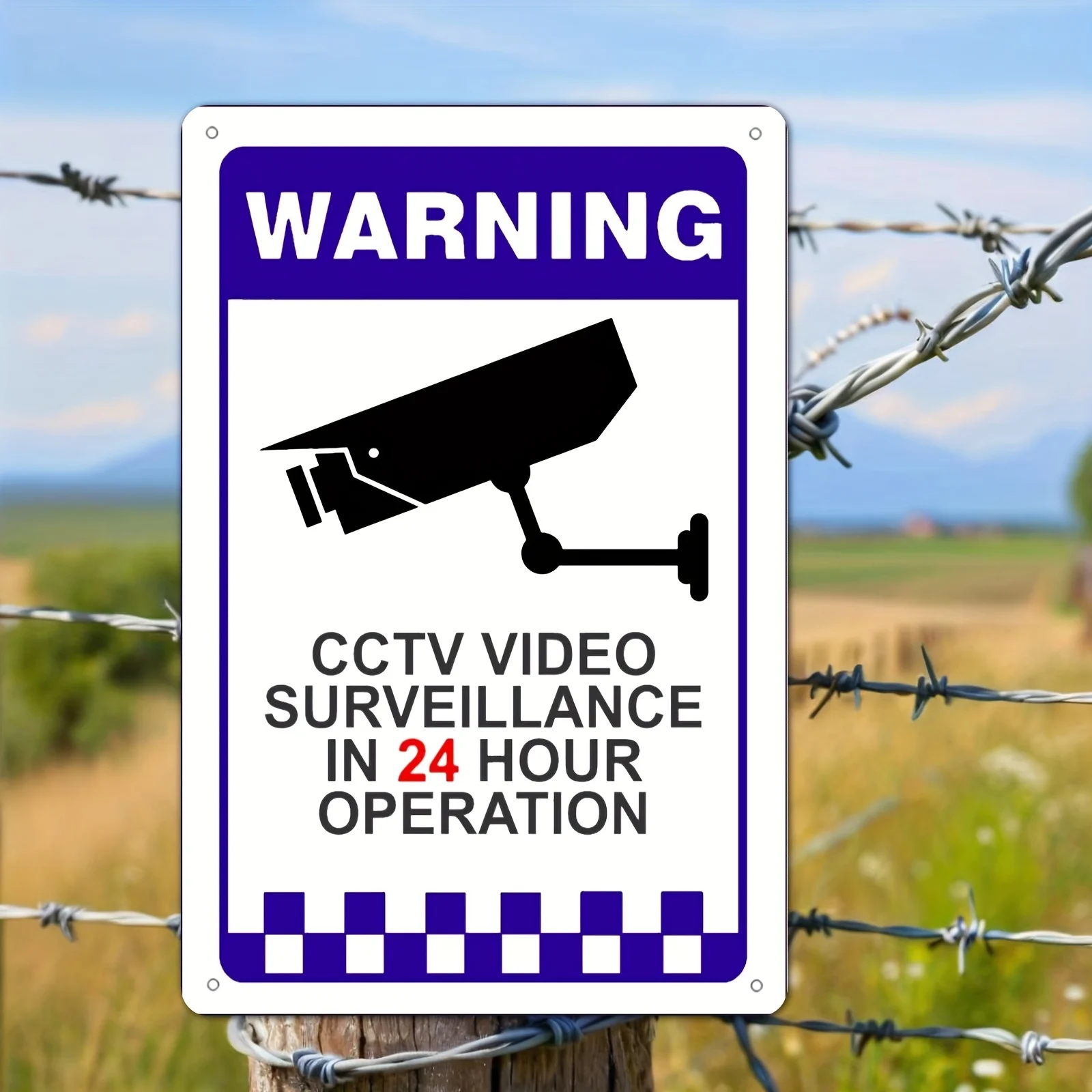 2D Flat - 1pc Vintage CCTV Security Warning Sign - 8x12 Inch Metal Wall Decor with Barbed Wire Border, 24/7 Surveillance, No Fra