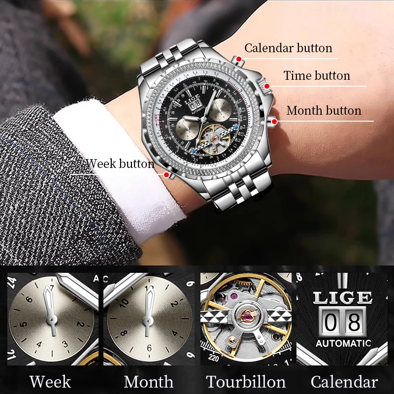 LIGE Tourbillon Automatic Watch Men Military Watches Stainless Steel Date Week Luminous Dial Watch Luxury Mechanical Watches+Box