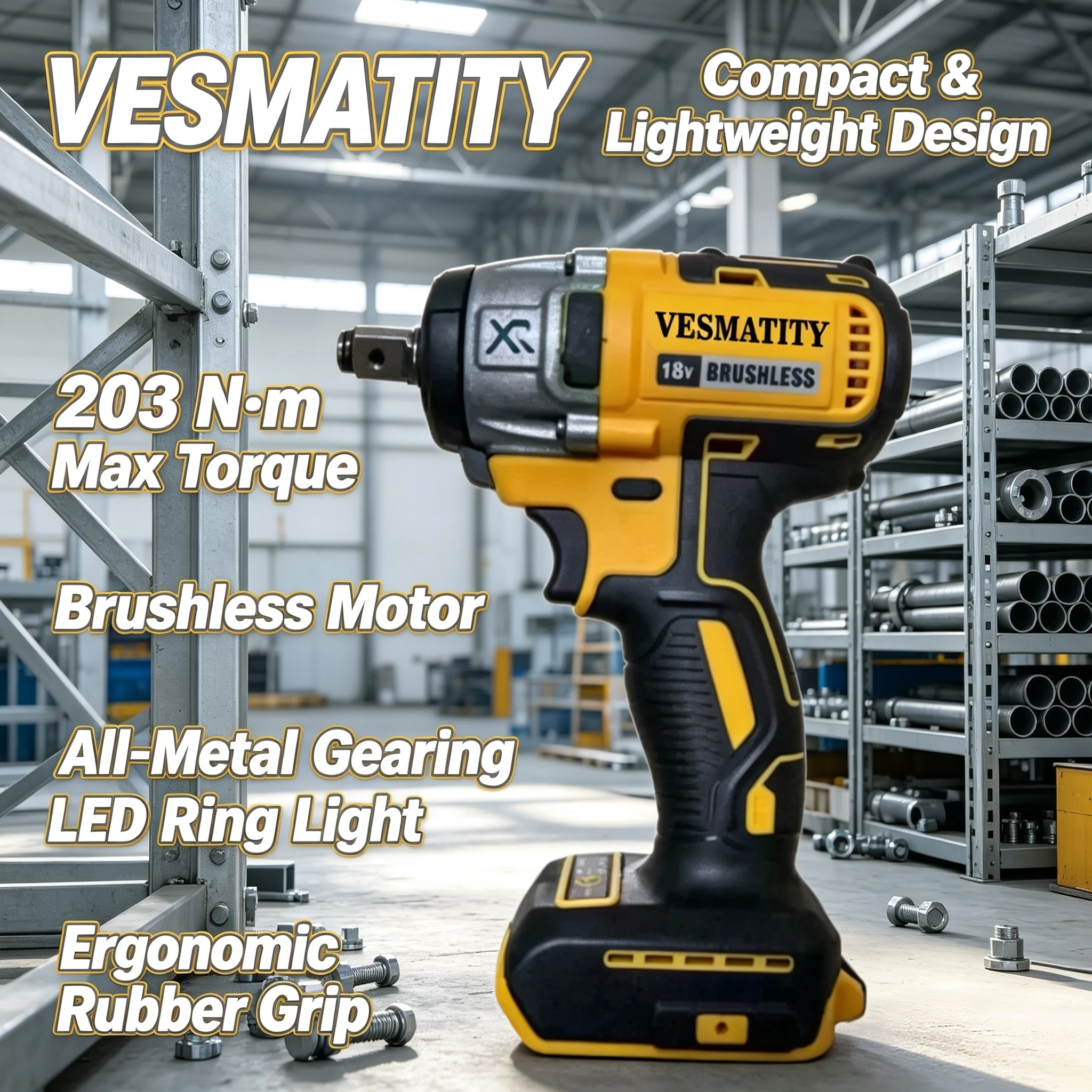 Vesmatity DCF880 Brushless Impact Driver 3250RPM 3800IPM 205Nm Cordless Electric Drill for 18V 20V Battery Pro