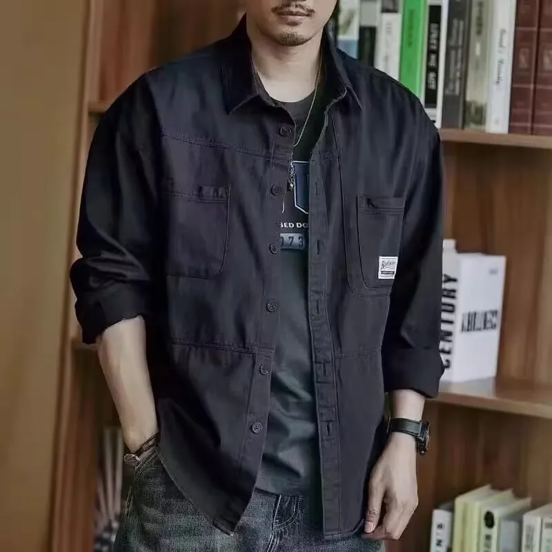 American Sle Vintage Wear-Resistant Long Sve irt Men's Spring Autumn Casual Loose Fit Workwear Classic Collar Coat