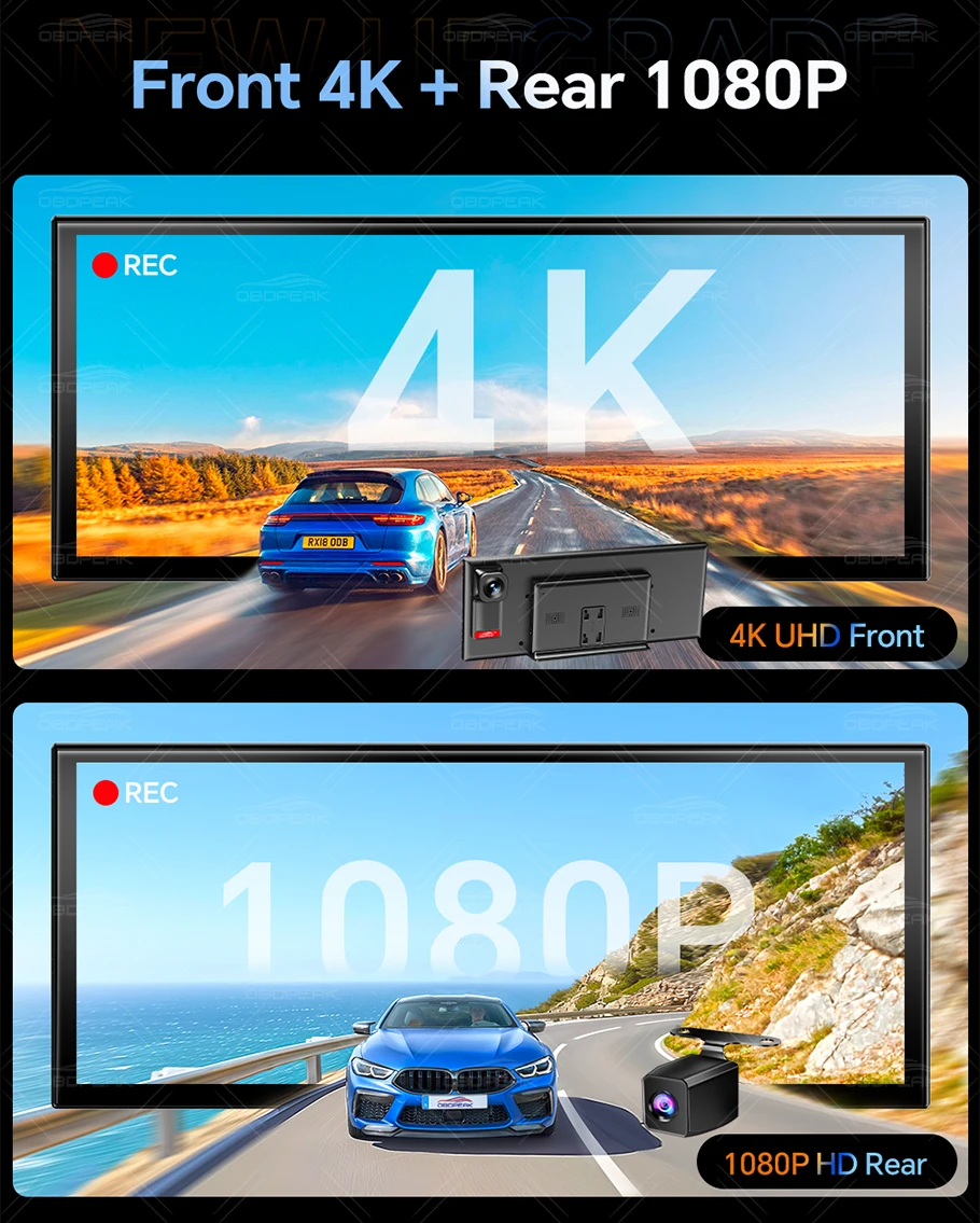 OBDPEAK K9 Max 12,3 Zoll 4K Dashcam Kabelloses CarPlay & Android Auto GPS-Navigation Touchscreen Auto-DVR-Kamera Videoaufzeichnung – Detail 7