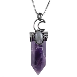 TUMBEELLUWA Natural Gem Stone Hexagonal Pillar Pendant Antique Silver Color Reiki Crystal Pendulum Vintage Jewelry for Women Men