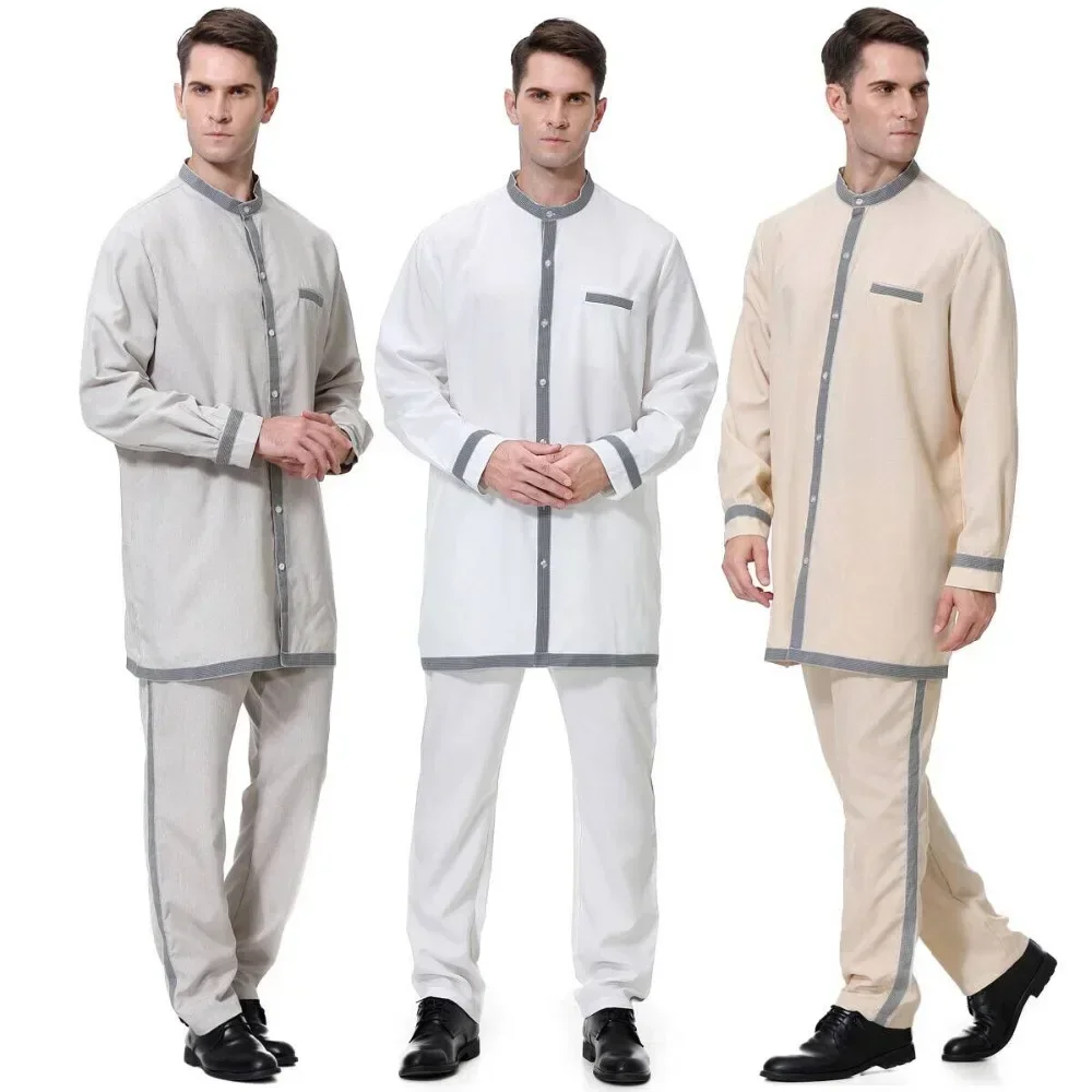 Ramadán hombres musulmanes Jubba Thobe conjunto de 2 piezas Arabia Saudita Djellaba Pakistán Kaftan Dubai Abaya Tops y pantalón servicio de adoración islámica