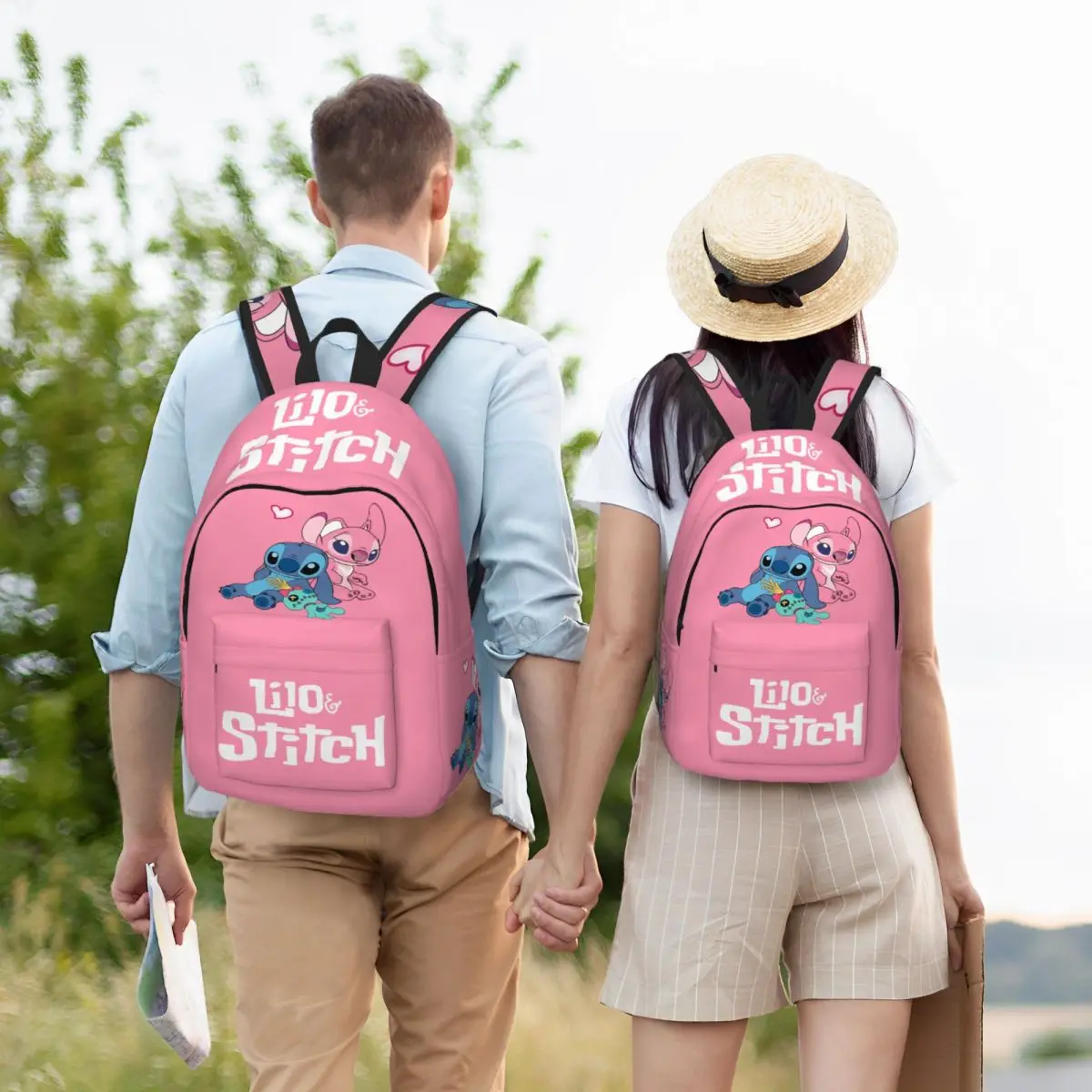 Funny Stitch Angel Love กระเป๋าเป้สะพายหลังสําหรับผู้ชายผู้หญิงแฟชั่นนักเรียนธุรกิจ Daypack น่ารักการ์ตูนคอมพิวเตอร์แล็ปท็อปผ้าใบกระเป๋ากลางแจ้ง