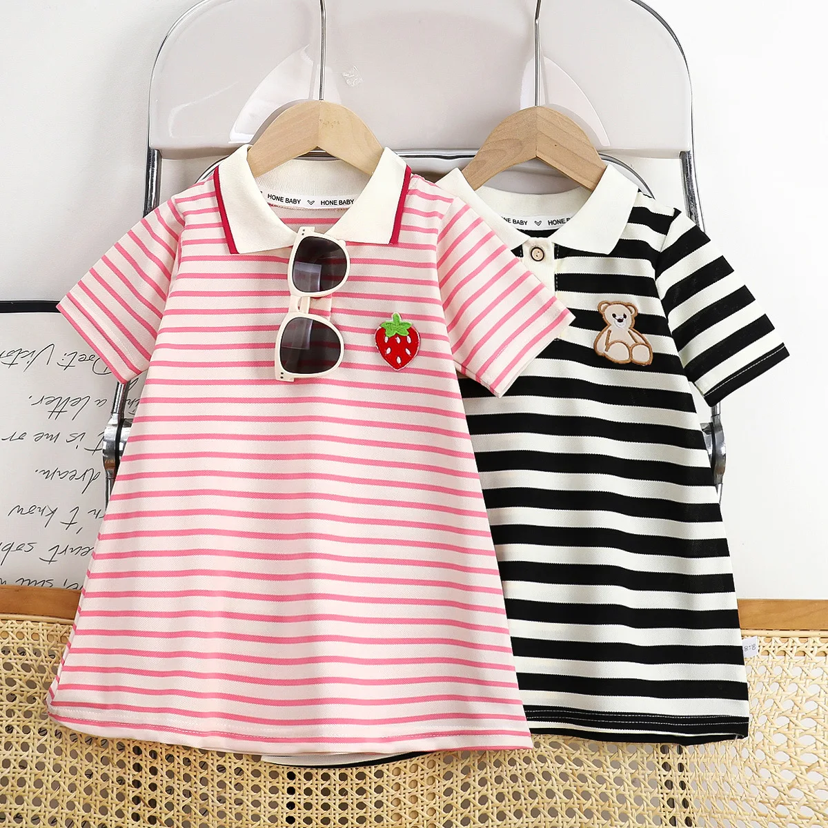 Girl's summer short sleeved polo collar dress, baby girl's summer dress, striped A-line skirt, internet famous and popular, stra