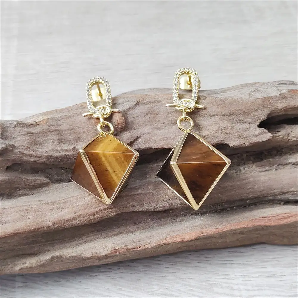 FUWO One Pairs Natural Tiger Eye Stone Earrings,High Quality Golden Plated Zircon Sacred Geometry Jewelry For Women Gift ER475CZ