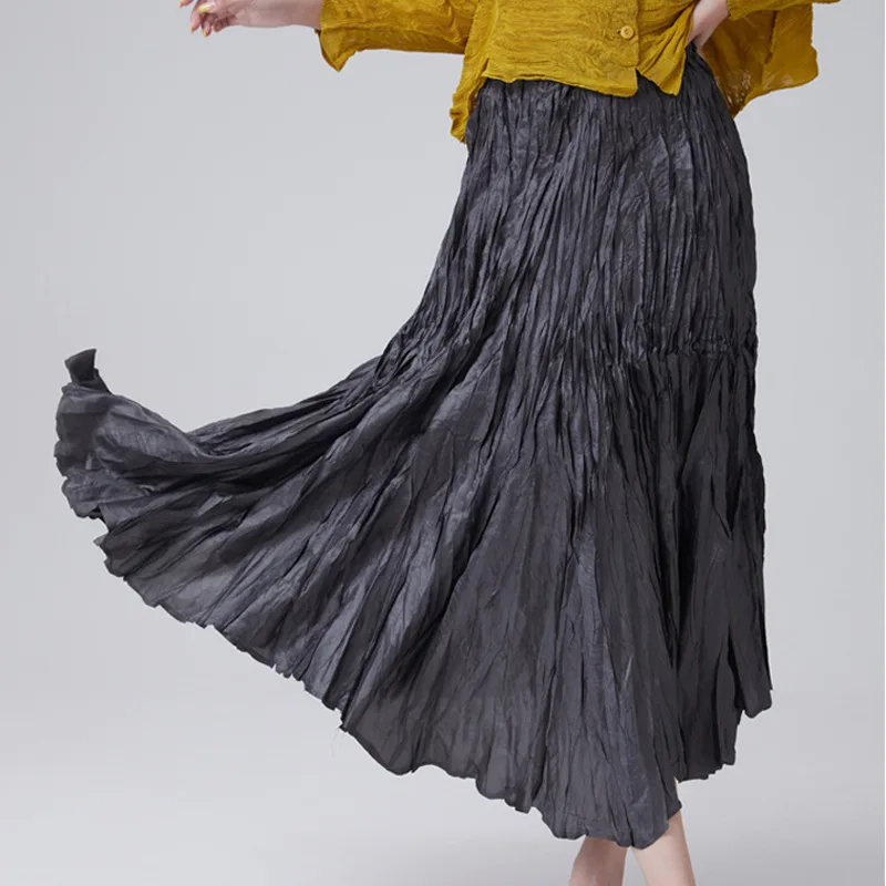 Miyake Elegant Drape Crumpled Skirts Women Elastic Waist Big-Hem Long Skirts Large Size Loose Umbrella Skirts Female Streetwear