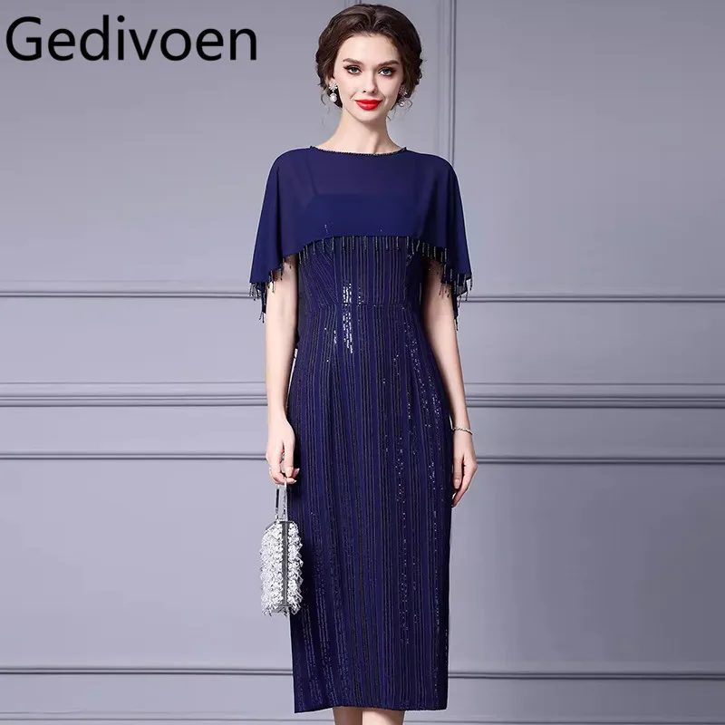 

Gedivoen Women's Fashion Straight Dress Summer Cloak Sleeves Beading Tasserl Sequins Slim-Fit Hip Wrap Evening M-4XL Dresses