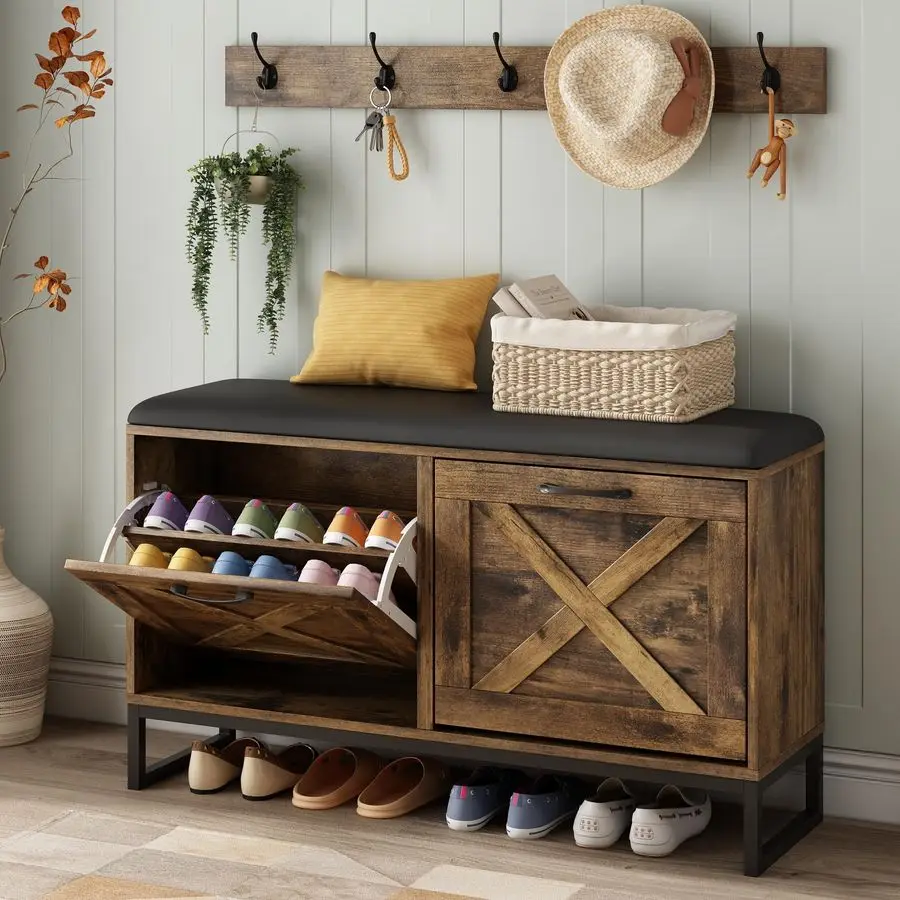 

Shoe Cabinet with 2 Flip Drawers amp Coat Rack, Shoe Storage Bench with Seat Cushion for Entryway, 5 Large Sturdy M Customizable