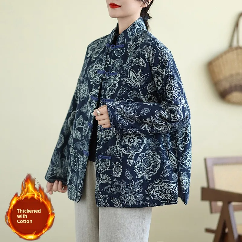 

Thickened Cotton Linen Traditional Chinese Style Coat with Button Warm Ethnic Style Loose Fit Winter Jacket for Women