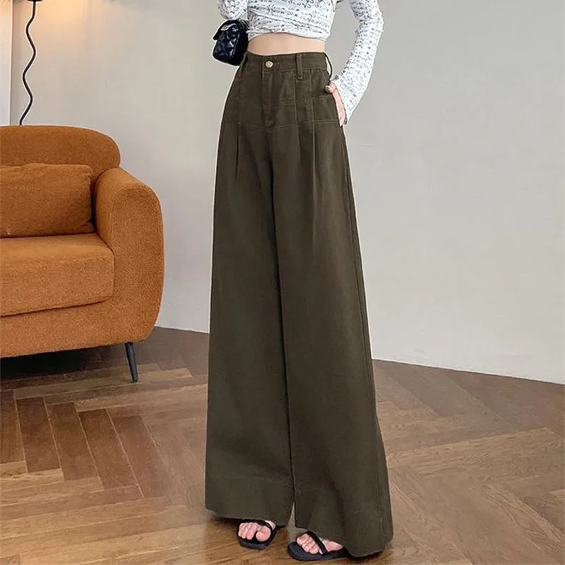 

Women Fashion High Waist Jeans American Female Solid Color Pear Shaped Denim Pants Autumn Ladies Casual Wide Leg Cowboy Trousers