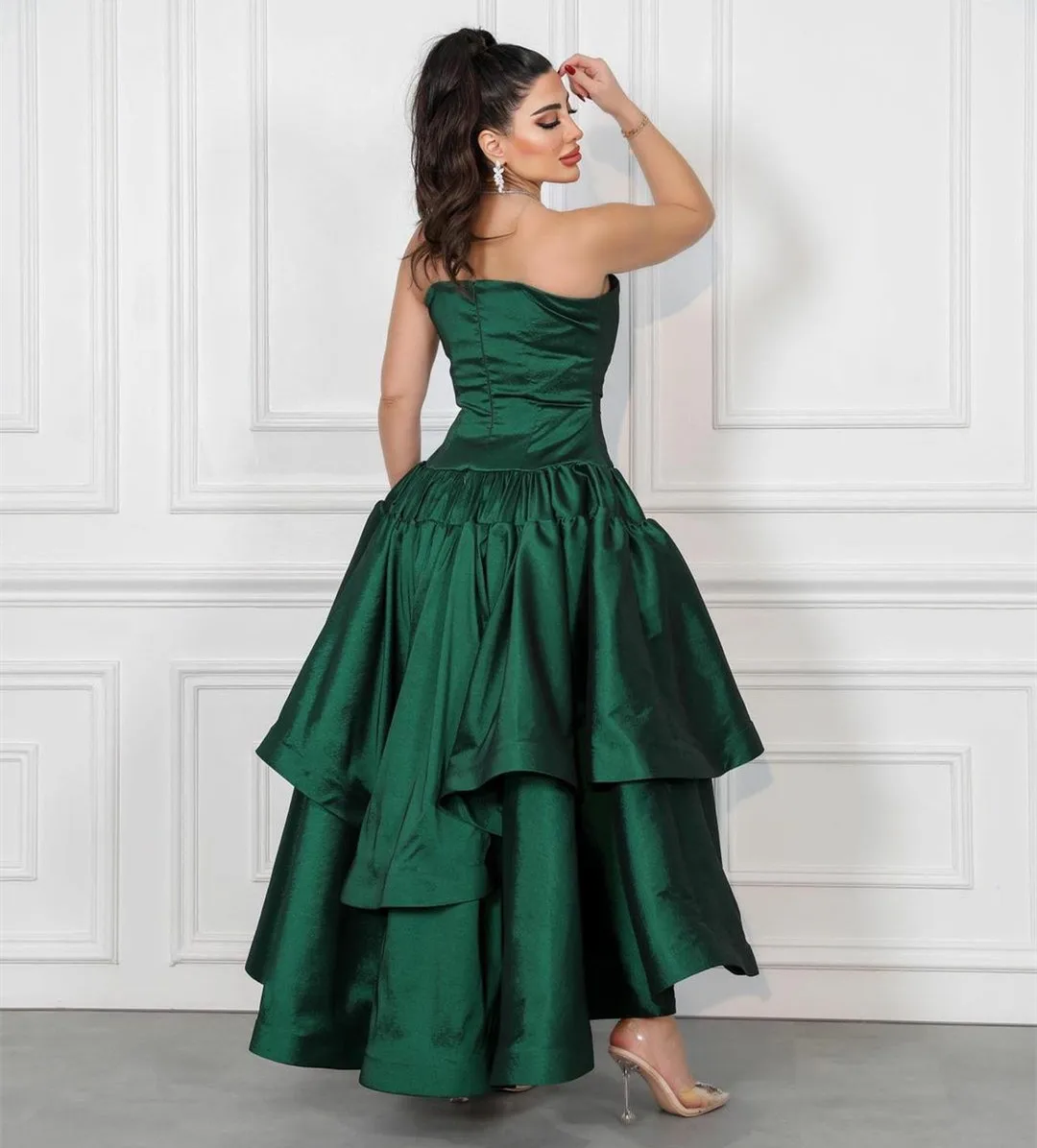 

Vintage High Low Green Taffeta Evening Desses A-Line Strapless Pleated Muslim Asymmetrical Prom Dresses for Women