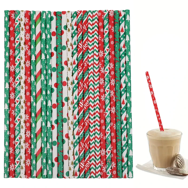 100Pcs Christmas Paper Straws Xmas Tree EIK Snowflake Striped Disposable Drinking Straws New Year 2026 Navidad Party Table Decor